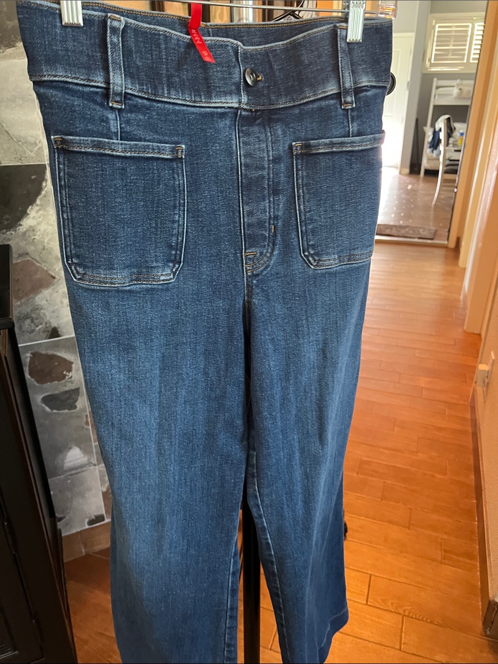 SPANX Straight-Leg Front-Pocket Jeans in Dark Blue Denim